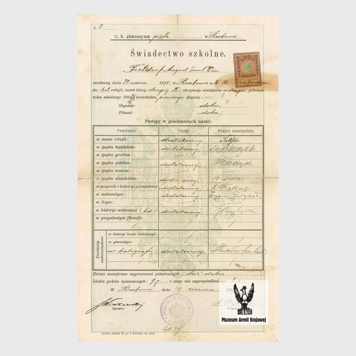 Świadectwo szkolne A.E. Fieldorfa, 1907