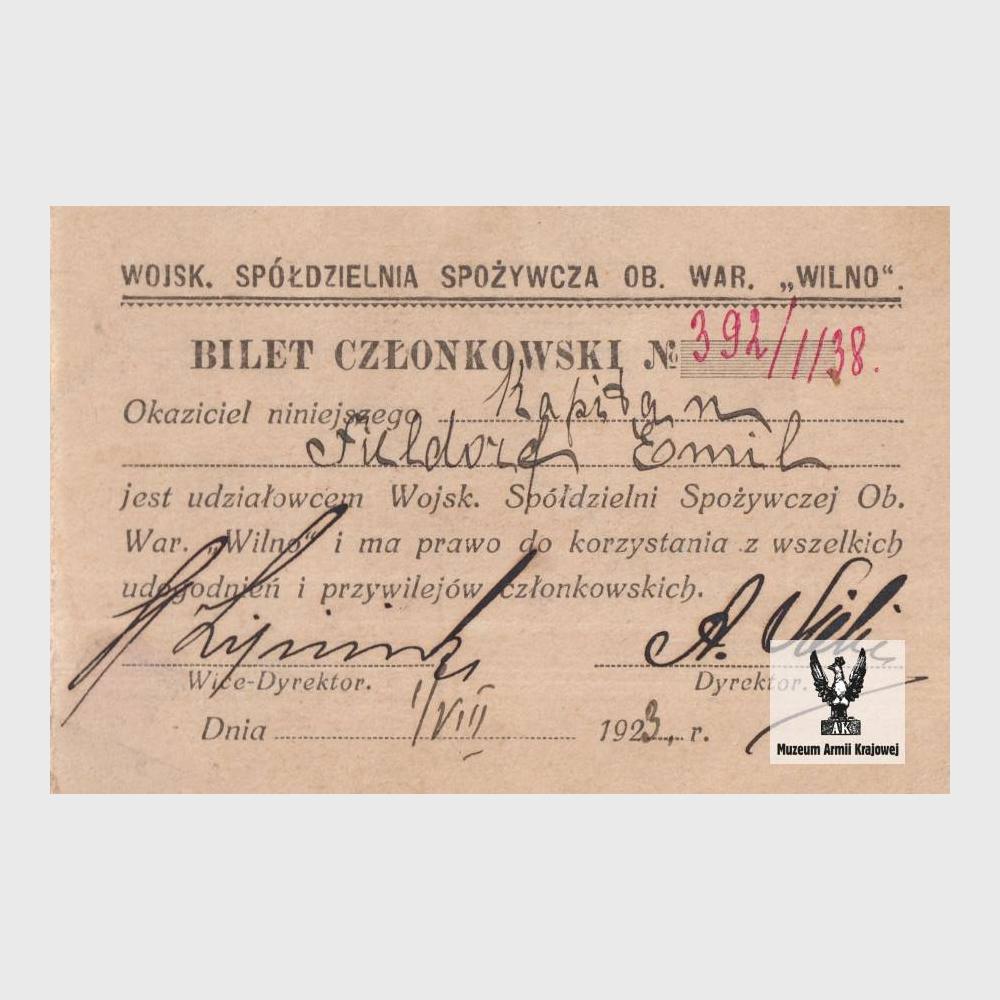 Legitymacja („Bilet członkowski” ) Wojskowej Spółdzielni  Spożywczej Obozu Warownego „Wilno” dla kpt. Emila Fieldorfa