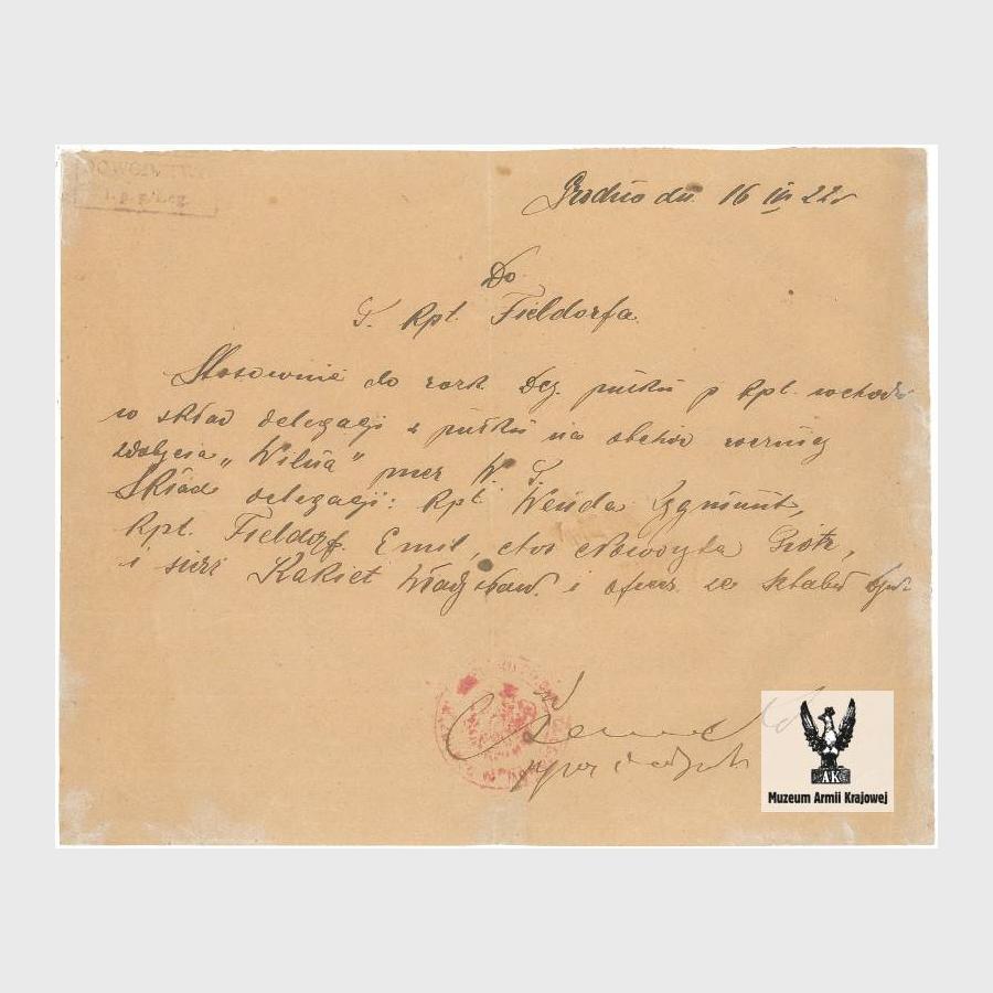 Pismo Dowództwa 1 PP Legionów o powołaniu kpt. Emila Fieldorfa w skład delegacji na obchody rocznicy zdobycia Wilna