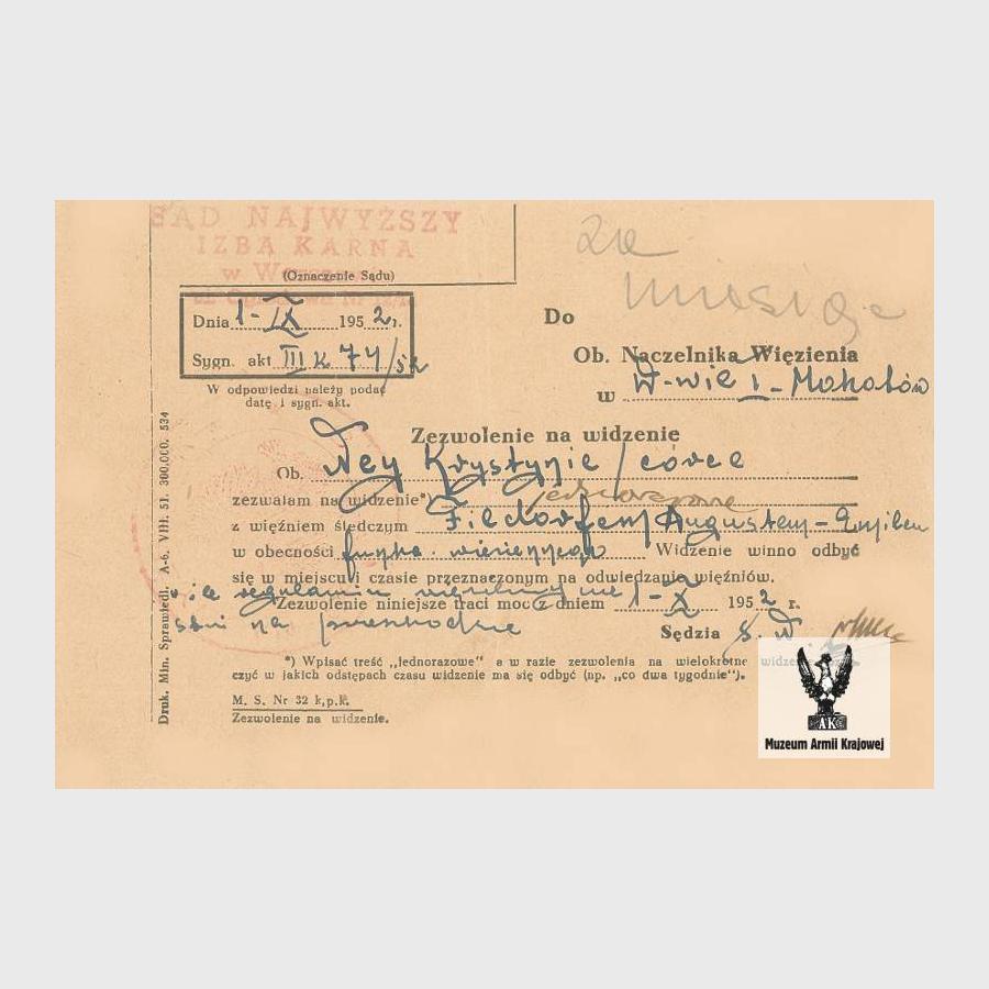 Zezwolenie na widzenie z więźniem śledczym A.E. Fieldorfem wystawione dla Krystyny Ney