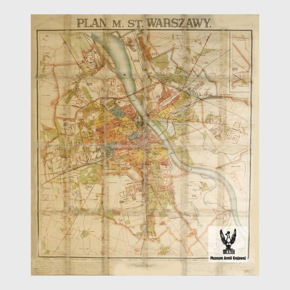 Plan Warszawy z 1924 r. z odręcznymi zapiskami gen. Emila Fieldorfa 