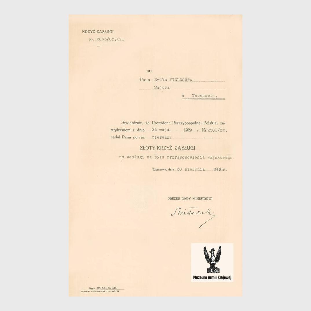 Zawiadomienie o odznaczeniu Złotym Krzyżem Zasługi dla mjr. Emila Fieldorfa