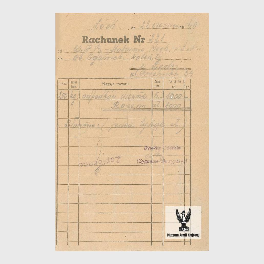 Rachunek za zakup odpadów drewnianych dla Walentego Gdanickiego (gen. Emila Fieldorfa 