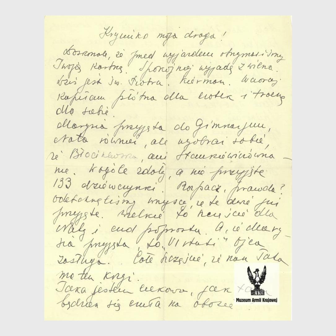 List od Janiny i Emila Fieldorfów do córki Krystyny