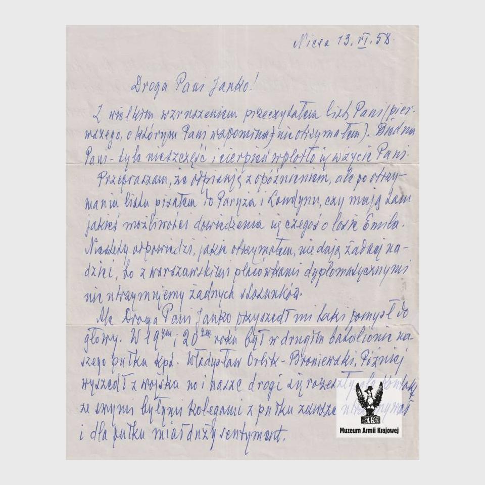 List od generała Jana Kruszewskiego do Janiny Fieldorf