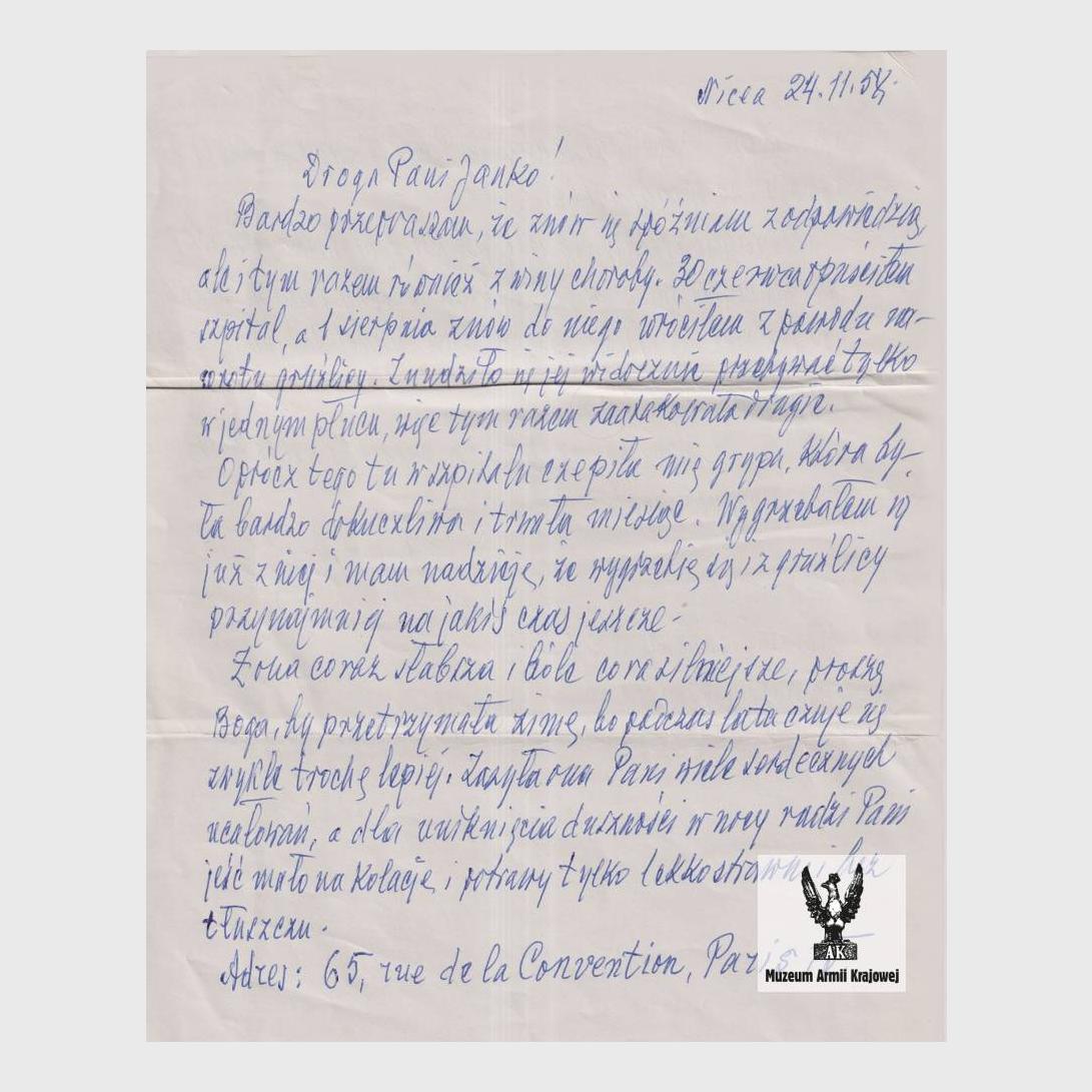 List od generała Jana Kruszewskiego do Janiny Fieldorf